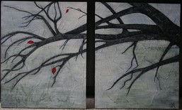 Small photo of painting of 3 red leaves on tree over Lake Couchiching