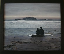 Small photo of painting of surfers contemplating the next wave, Tofino BC